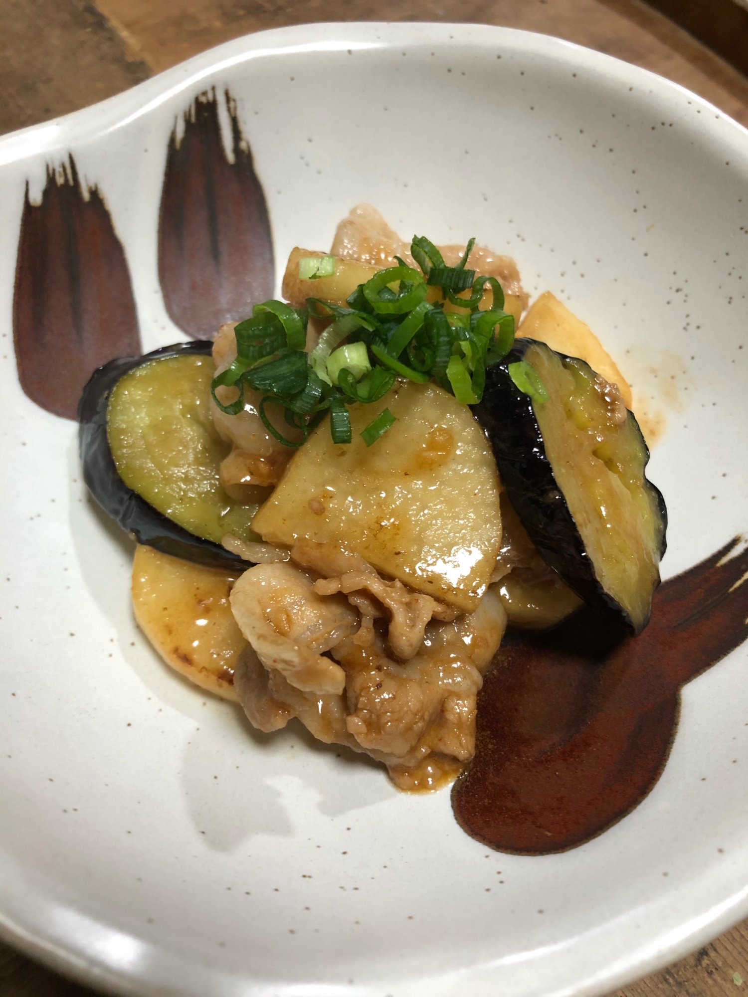 豚肉と茄子と長芋の甘辛炒め