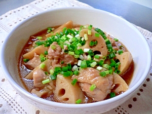 圧力鍋で鶏肉と蓮根の煮物