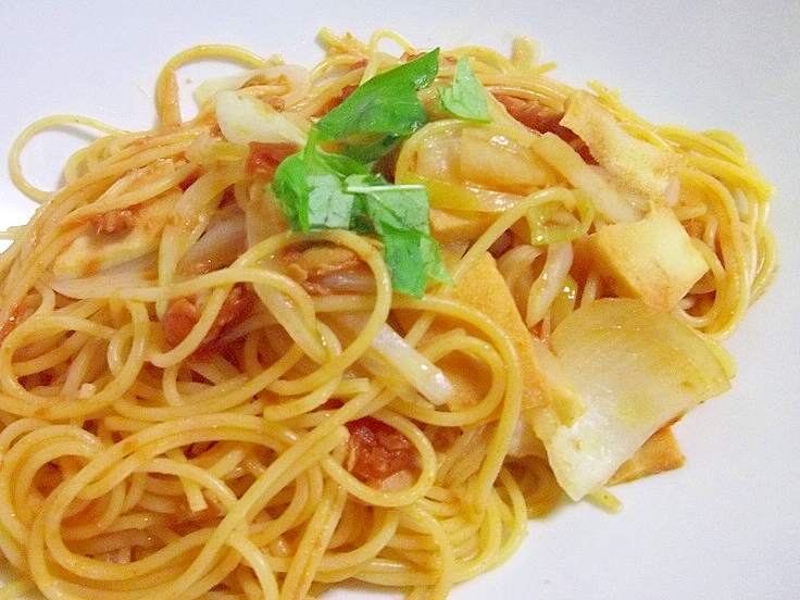 フライパンdeツナとおろし玉ねぎのトマトスパゲティ