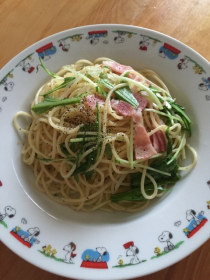 ピリしゃき♪水菜とベーコンのパスタ