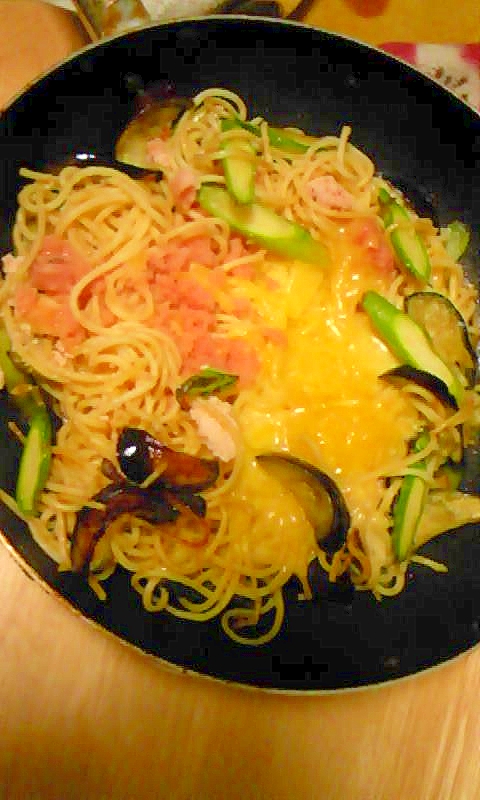 野菜たっぷりたらこパスタ