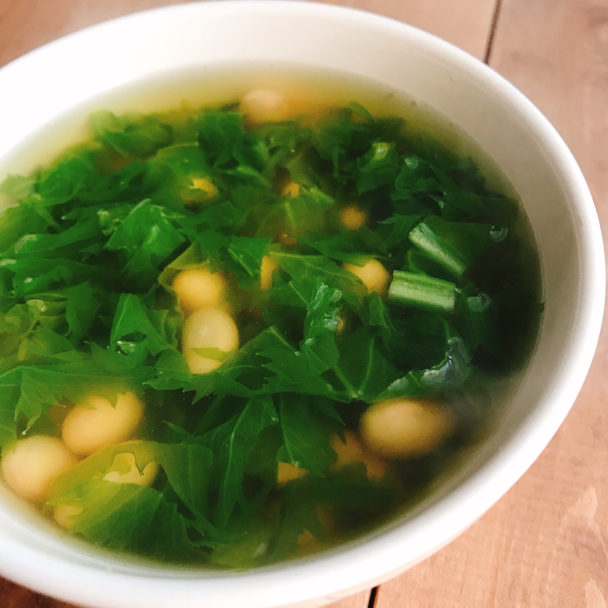 わさび菜と大豆の洋風スープ