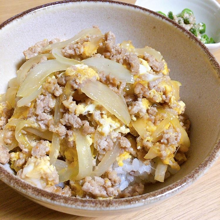 玉ねぎとひき肉の卵とじ丼