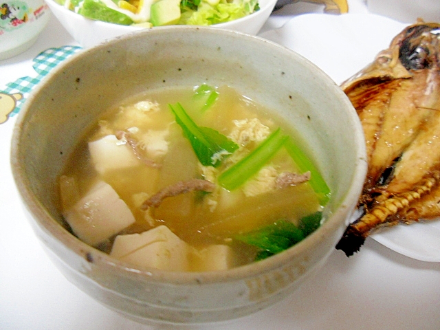 豆腐と小松菜のひき肉入り卵スープ