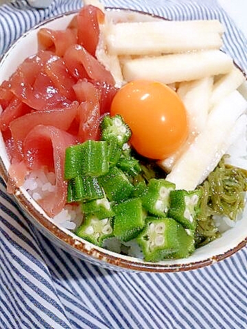 オクラと長芋めかぶとまぐろの丼