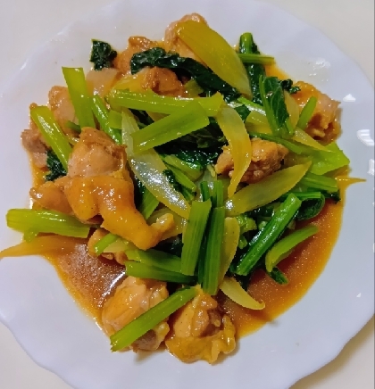 鶏もも肉と小松菜と玉ねぎのオイスターソース炒め