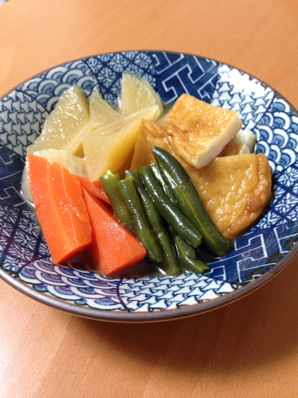 青と白の柄皿に盛り付けられた大根とにんじん、いんげん、平天の炊き合わせ