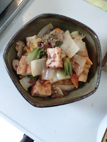 冷蔵庫の残りもの野菜で作りました。厚揚げも入れてボリュームアップ☺ご飯に合う美味しい味でした！