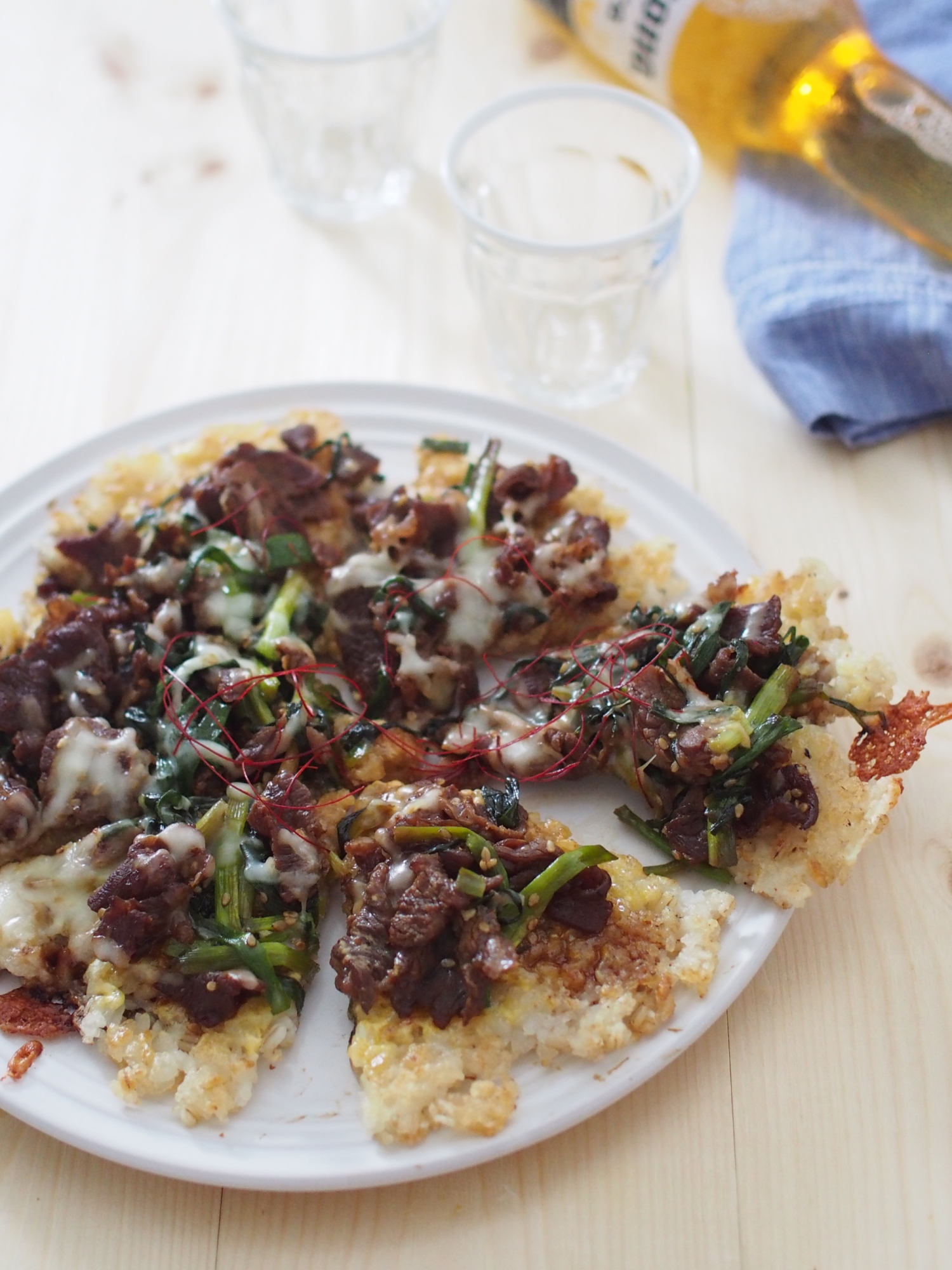 甘辛お肉とネギのライスピザ#チョッキング