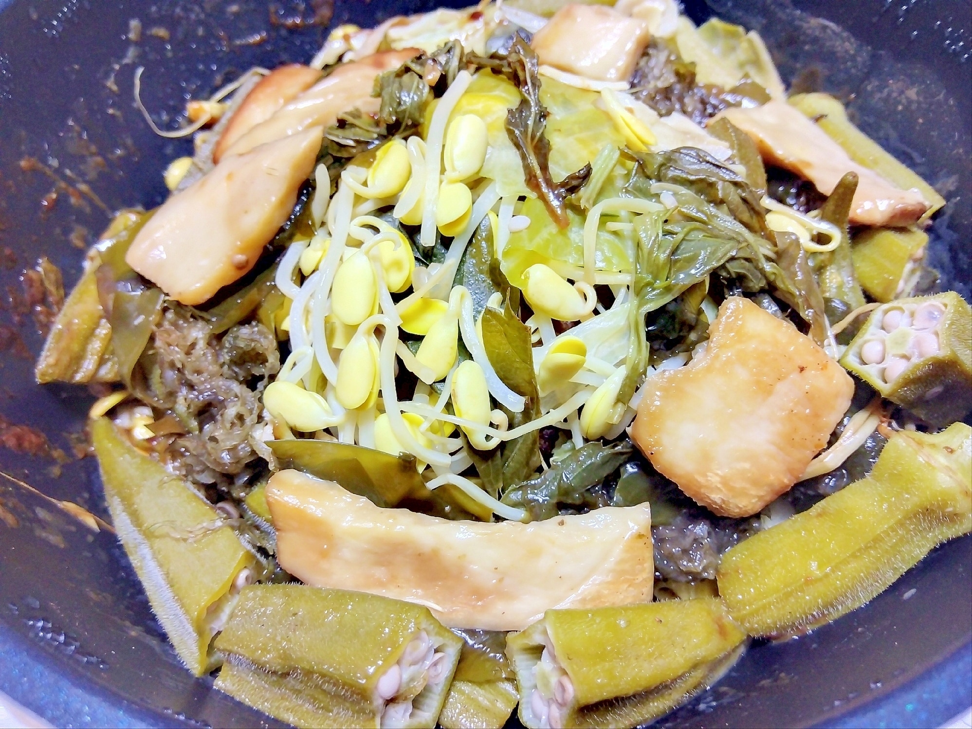 フーチバー豆もやしエリンギ海藻キャベツおくら蒸 レシピ・作り方 by