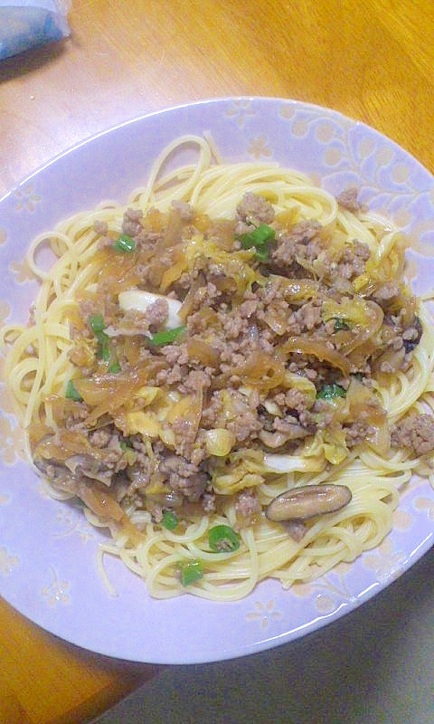 めんつゆ和風ひき肉パスタ