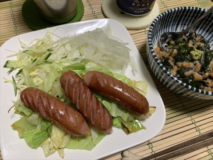 50円/100g程度の駄ソーセージでしたがマーガのおかげかこっくり味わい豊かに仕上がりました。ていうかキャベツがざく旨♪加工肉でも栄養増し増し気分をドモゴチ様！