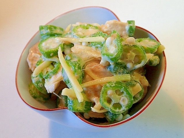 鶏肉と丸オクラと新生姜の醤油麹マヨ和え♬