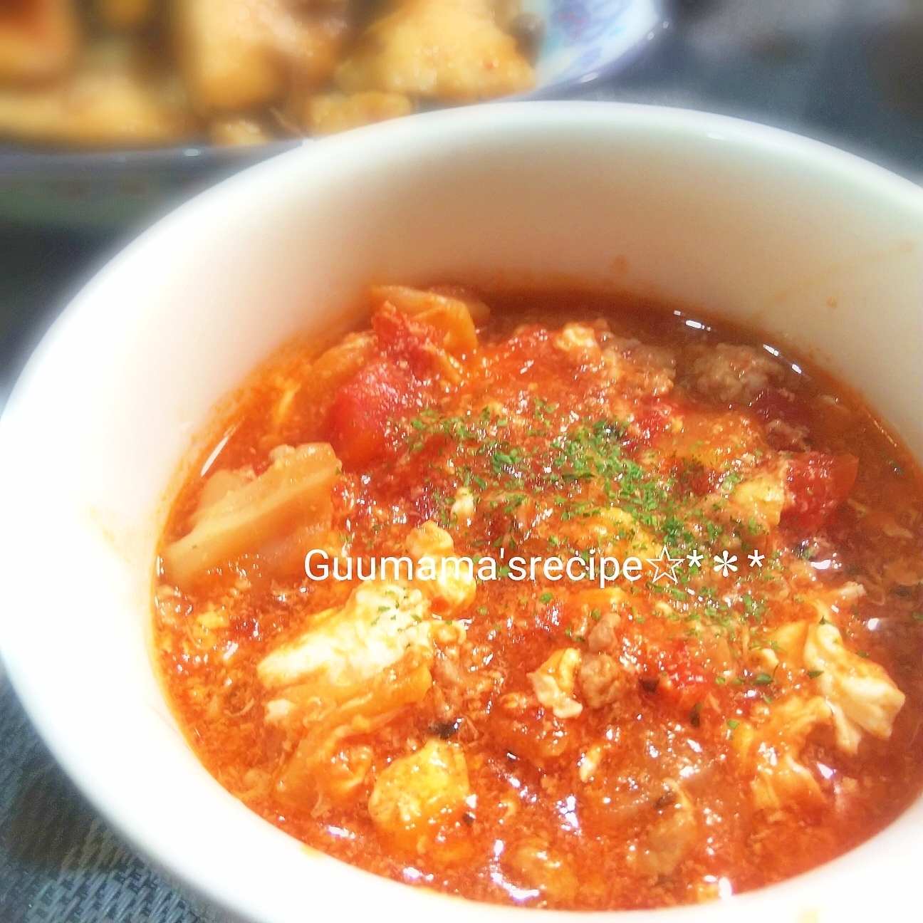 トマト缶で♡ひき肉とキャベツのかきたまトマトスープ