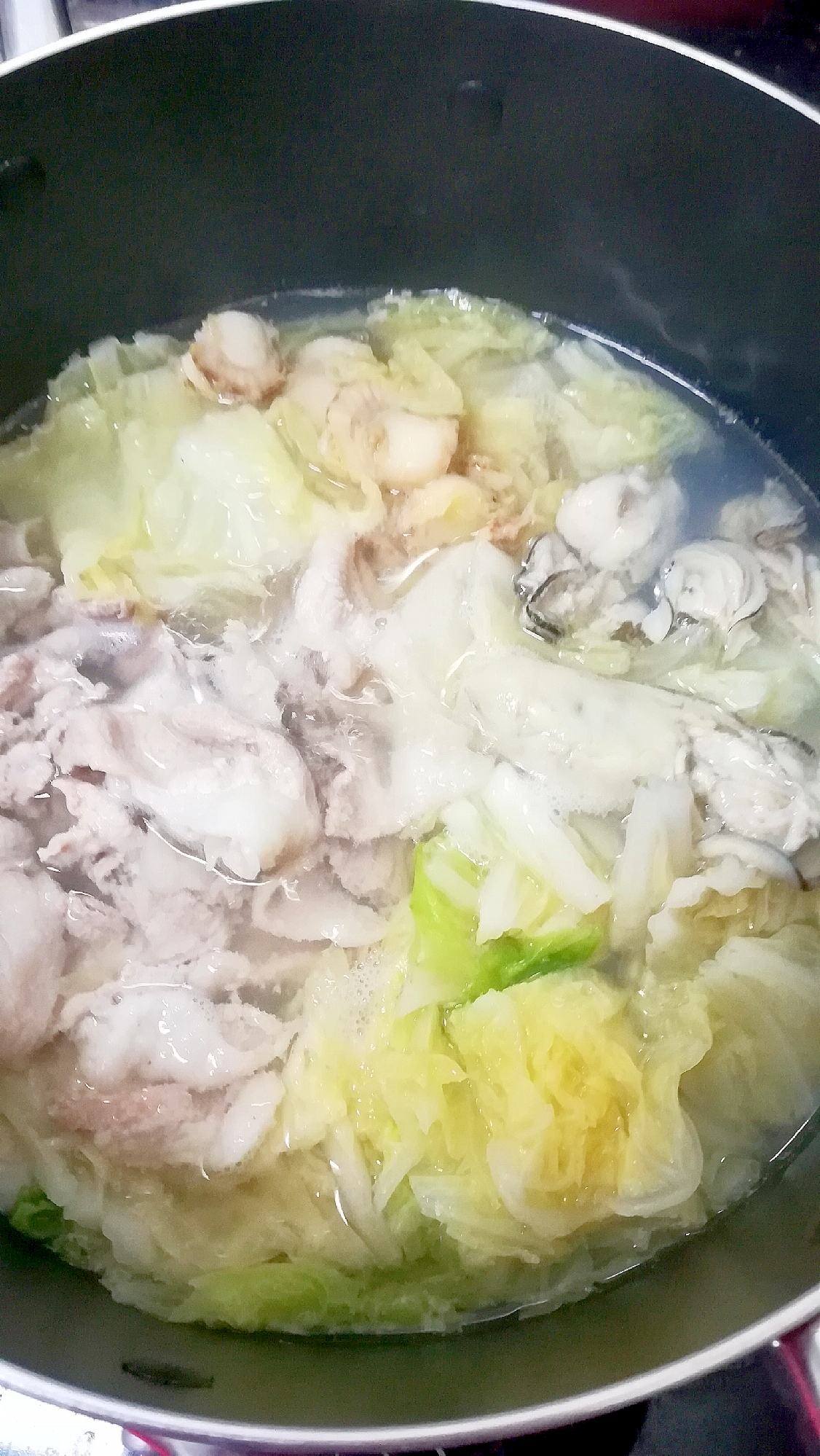 白菜と豚薄切り肉とベビーホタテと牡蠣のお鍋