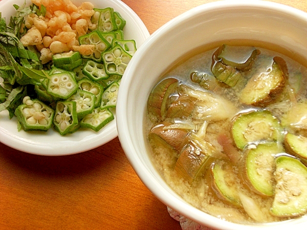 二度おいしい❤茄子&茗荷の味噌汁♪(天かす他)