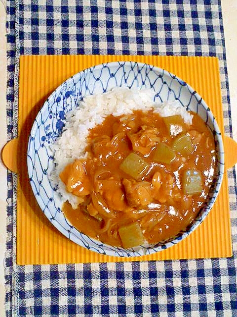 柄物の皿に盛り付けた 刺身こんにゃくカレー