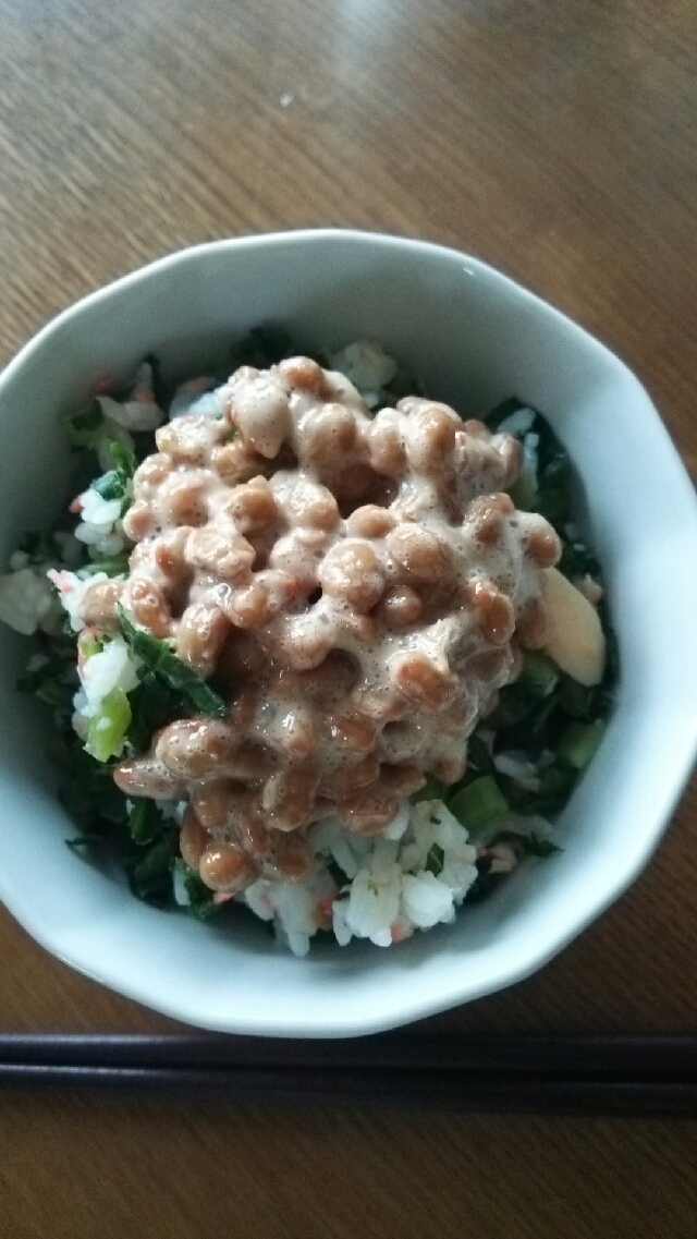 鮭と大根の葉と納豆の御飯