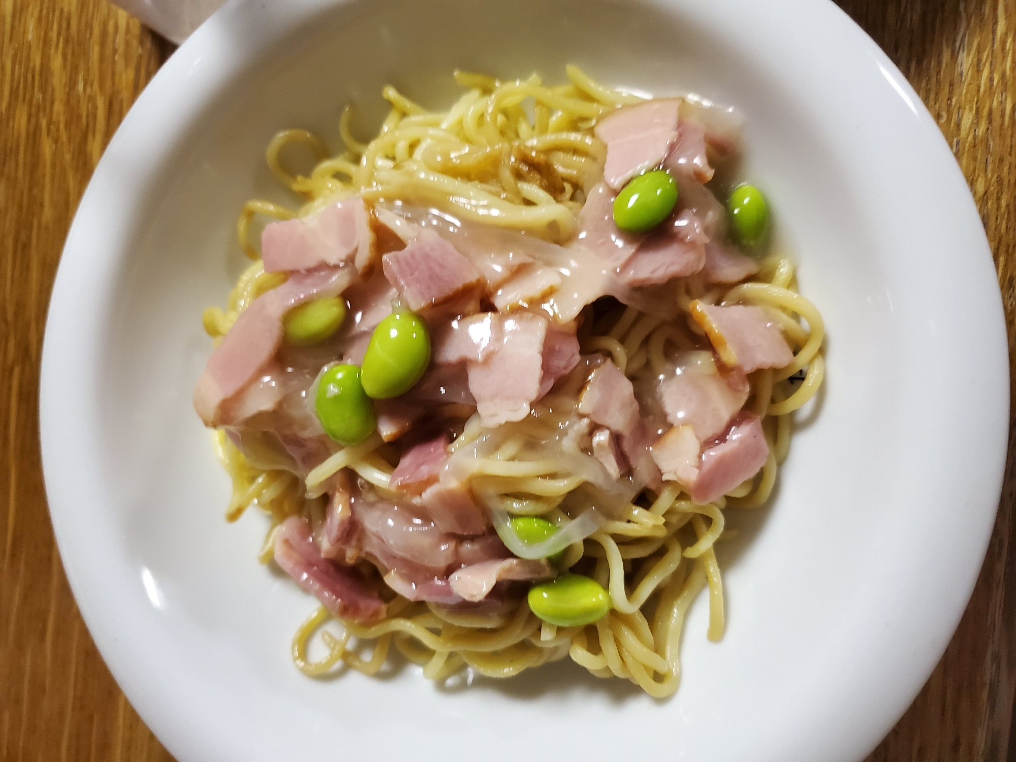 ベーコンと枝豆のあんかけ焼きそば