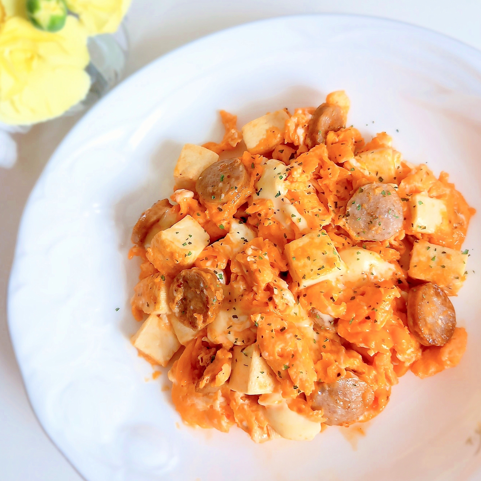 かさ増し豆腐inᕷ*フランクとチーズの卵炒めꕤ୭*