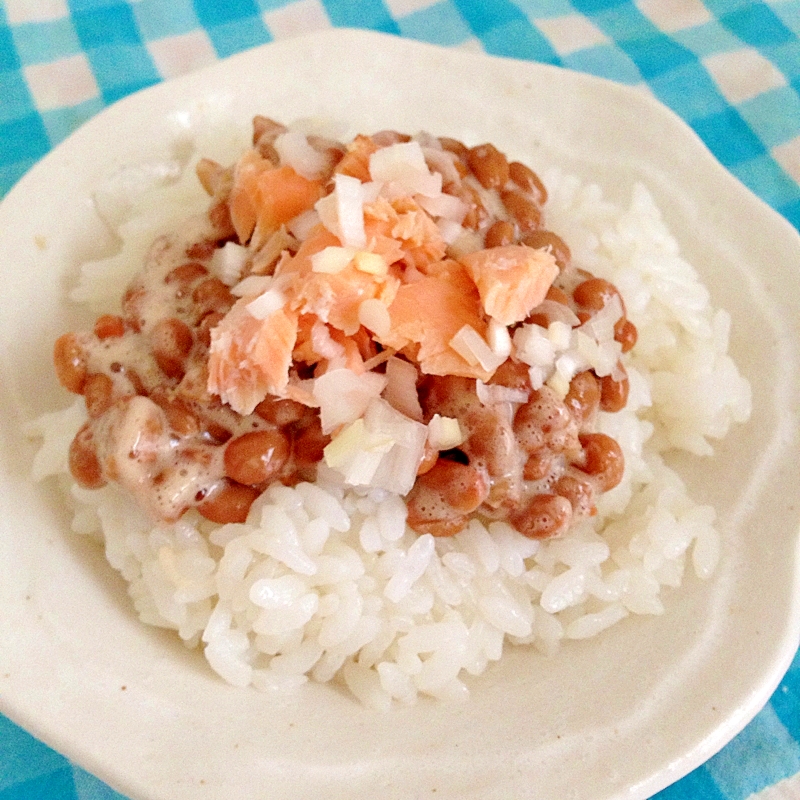 鮭とネギの納豆ご飯♡