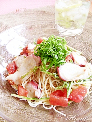 夏に嬉しい☆タコと水菜の冷製パスタ
