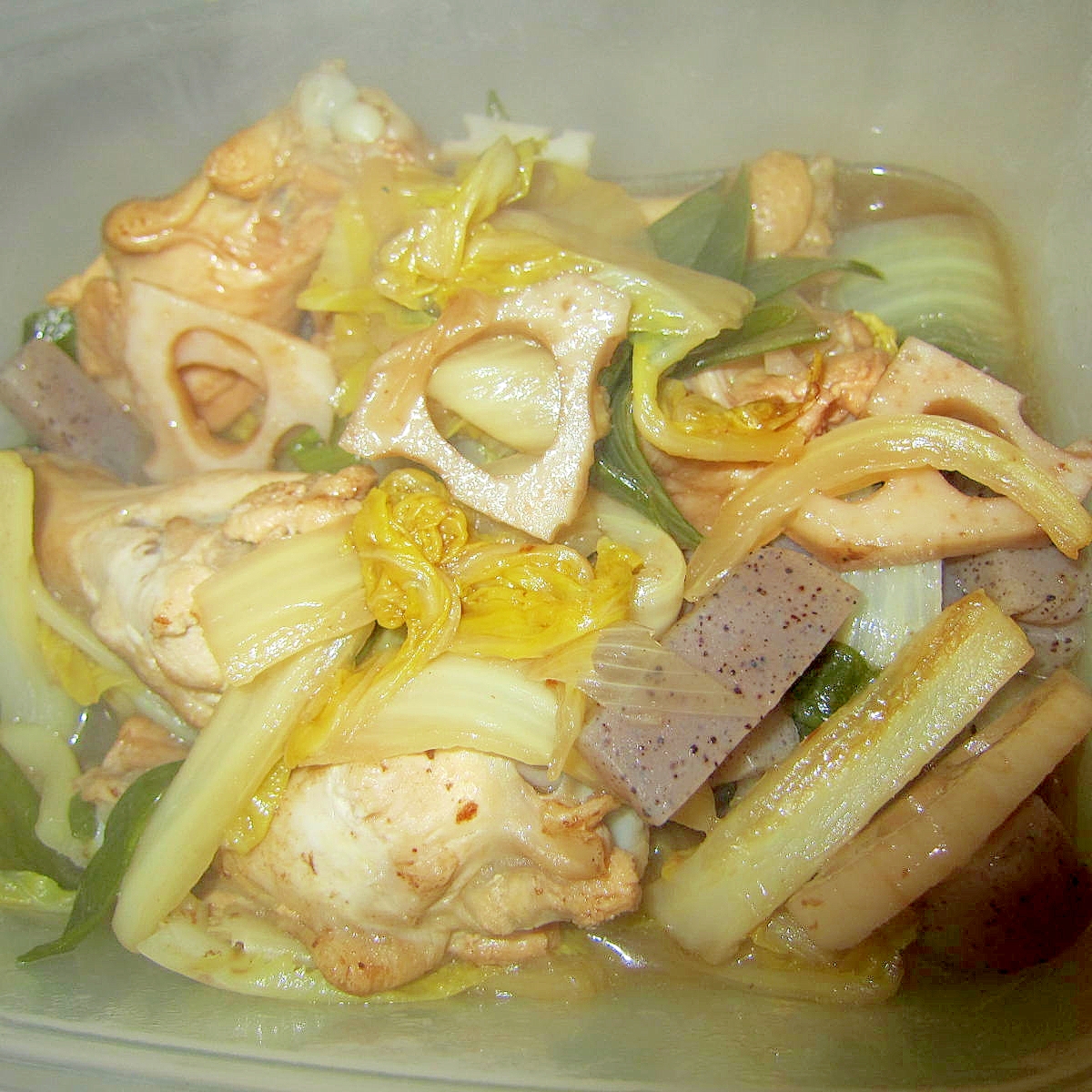 白菜と蒟蒻鷄肉蓮生姜醤油煮