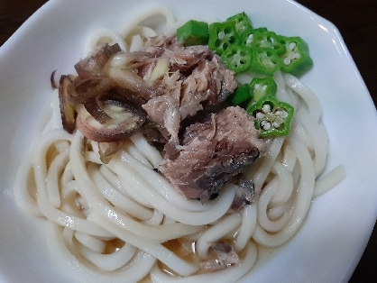 缶詰で☆サバとおくらミョウガの冷やしうどん