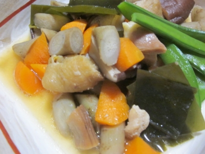 ごぼう人参ワカメ豆もやしオクラ味噌煮