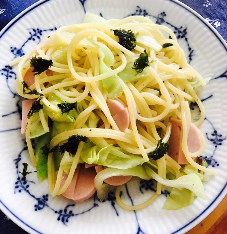 春キャベツと魚ニソの焼きばら海苔パスタ