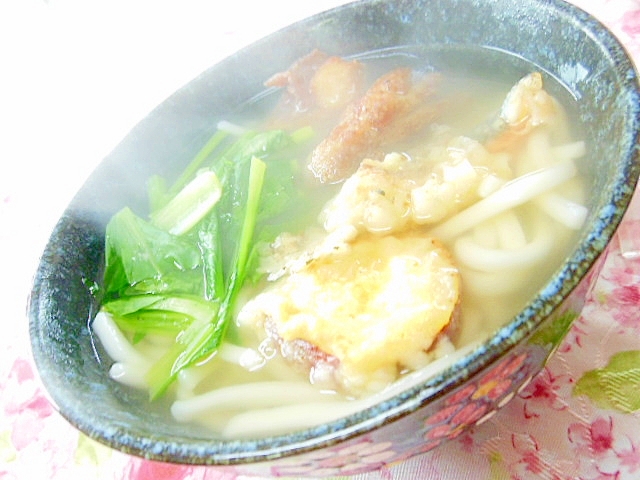 昆布出汁de❤鶏唐揚げと天ぷらと小松菜のおうどん❤