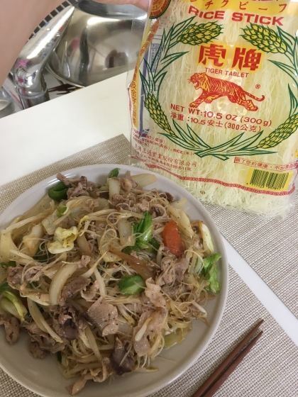 ほんとお手軽で野菜もお肉もたっぷり摂れて大好きなレシピです♡お決まりの新竹米粉の虎印(100g)で二人分作ったけど美味しくて一人で食べちゃいました♡