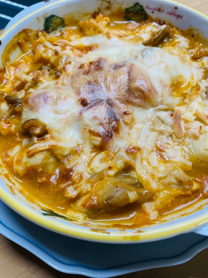 鶏肉と茄子とじゃが芋のキムチグラタン