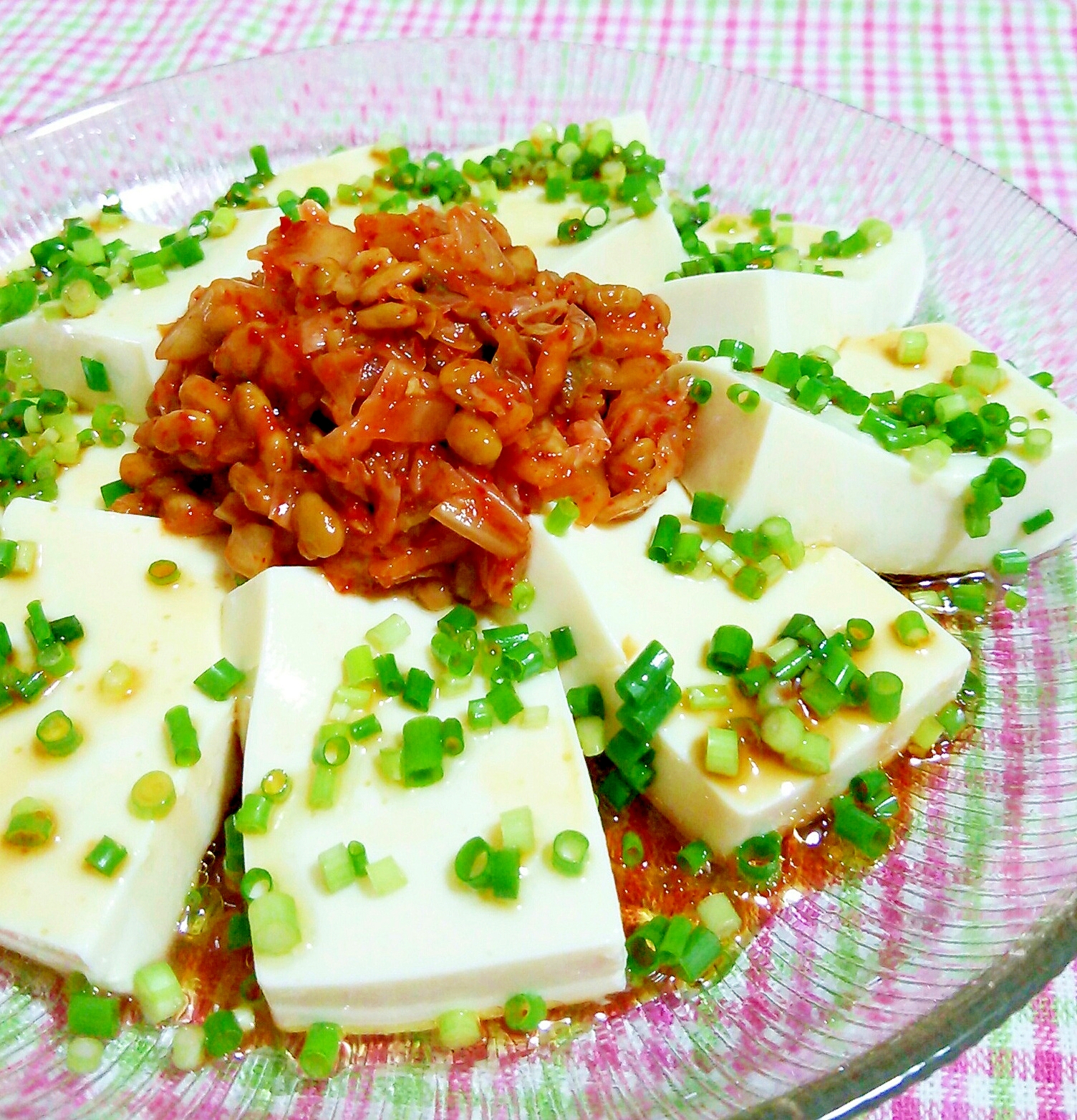 ポン酢でさっぱり☆キムチと納豆の冷奴