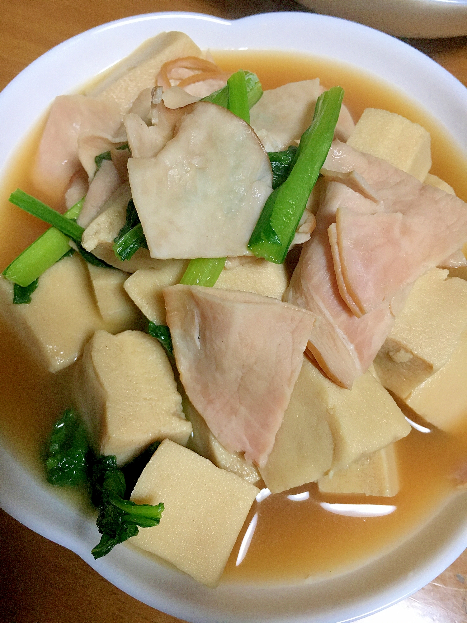 高野豆腐とハムと小松菜の煮物