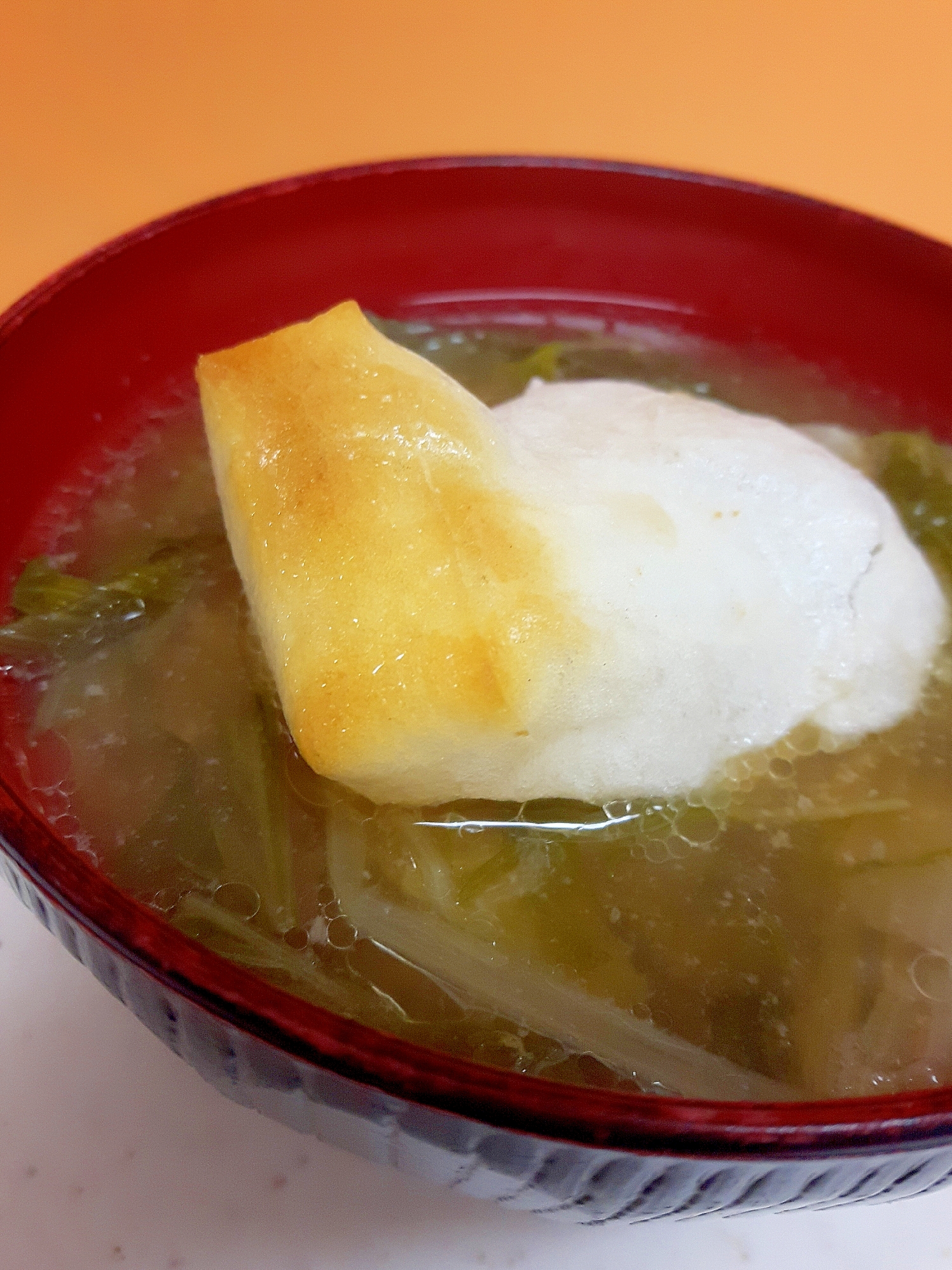 簡単(^^)水菜と長ネギのすまし汁with焼き餅♪