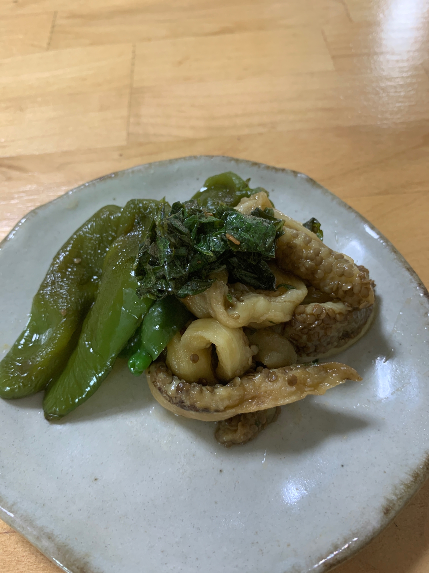 焼き茄子とピーマンの黒酢、シソ漬け