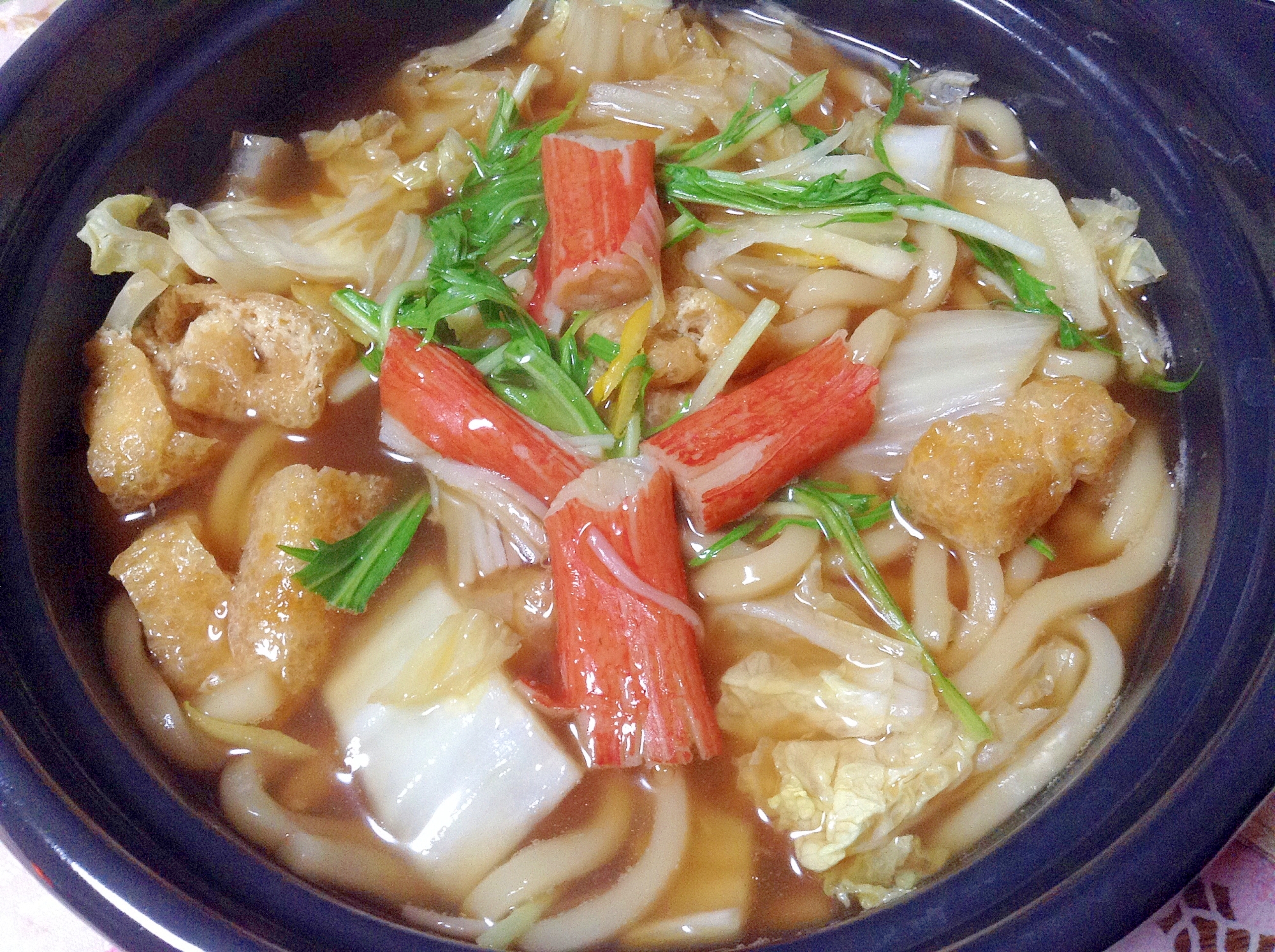 柚子香る♡冬野菜とかにかまの鍋焼きうどん