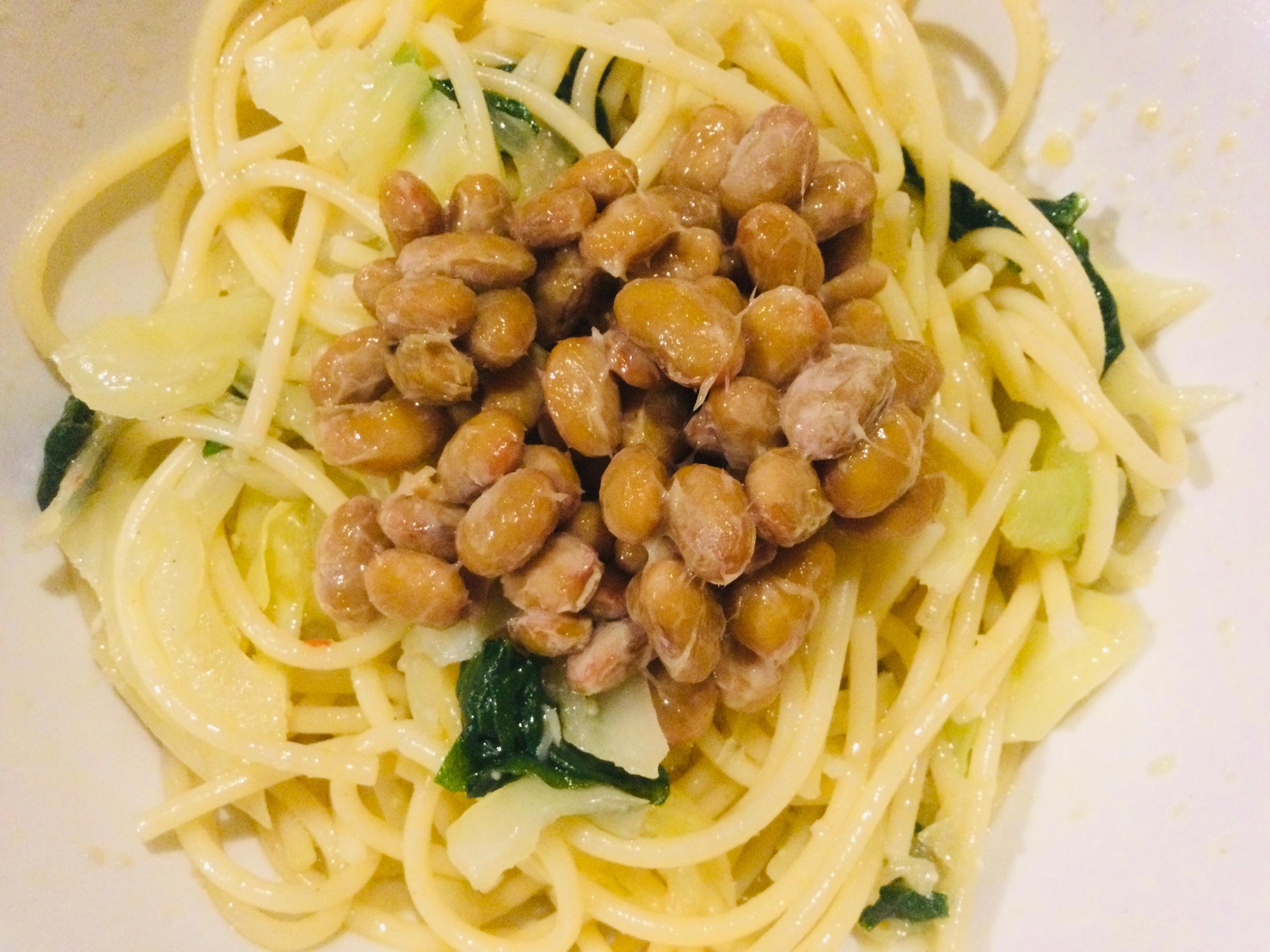 チンゲンサイと納豆のパスタ