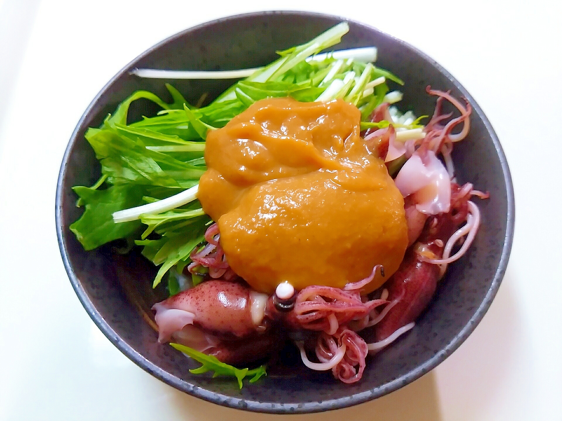 ホタルイカと水菜の辛子酢味噌和え