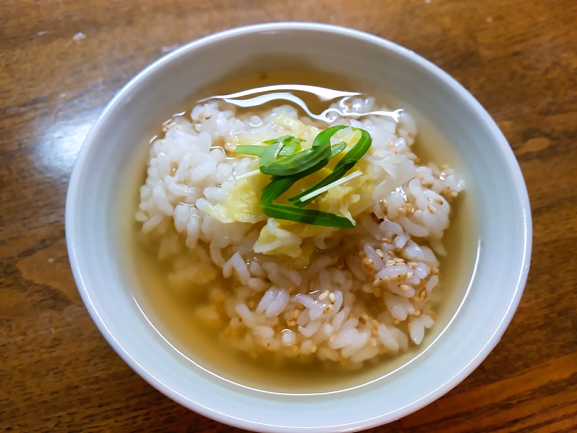 白菜と空心菜新芽の出汁茶漬け