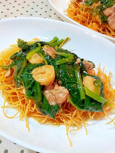 ★海老と小松菜と豚肉の皿うどん♪