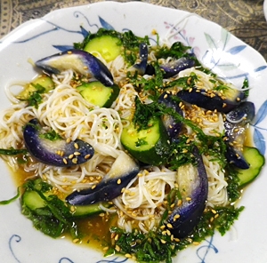 糠漬け茄子キュウリのゴマ味噌冷やし素麺