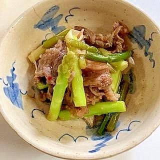 牛肉・アスパラ・長ねぎ・にんにくの芽の炒め物