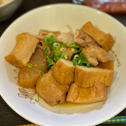 厚揚げ＋で。大根と鶏肉に味がしゅんでて美味しかったです。また作ります♪
が、その前に、3号炊きでは小さ過ぎました…^^;