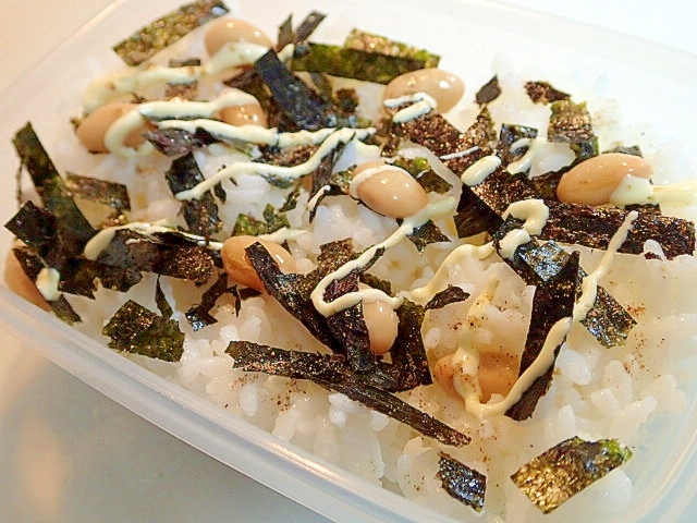 お弁当　花椒塩/マヨで　もみ海苔と水煮大豆のご飯