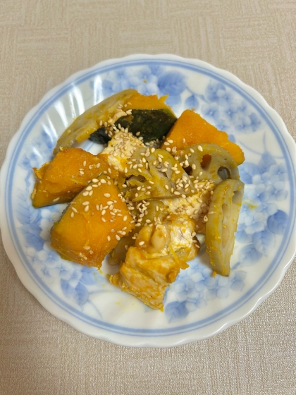 【簡単】鶏むね肉、れんこん、かぼちゃの甘辛炒め