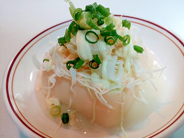 千切りキャベツとポテトサラダと葱の卵豆腐