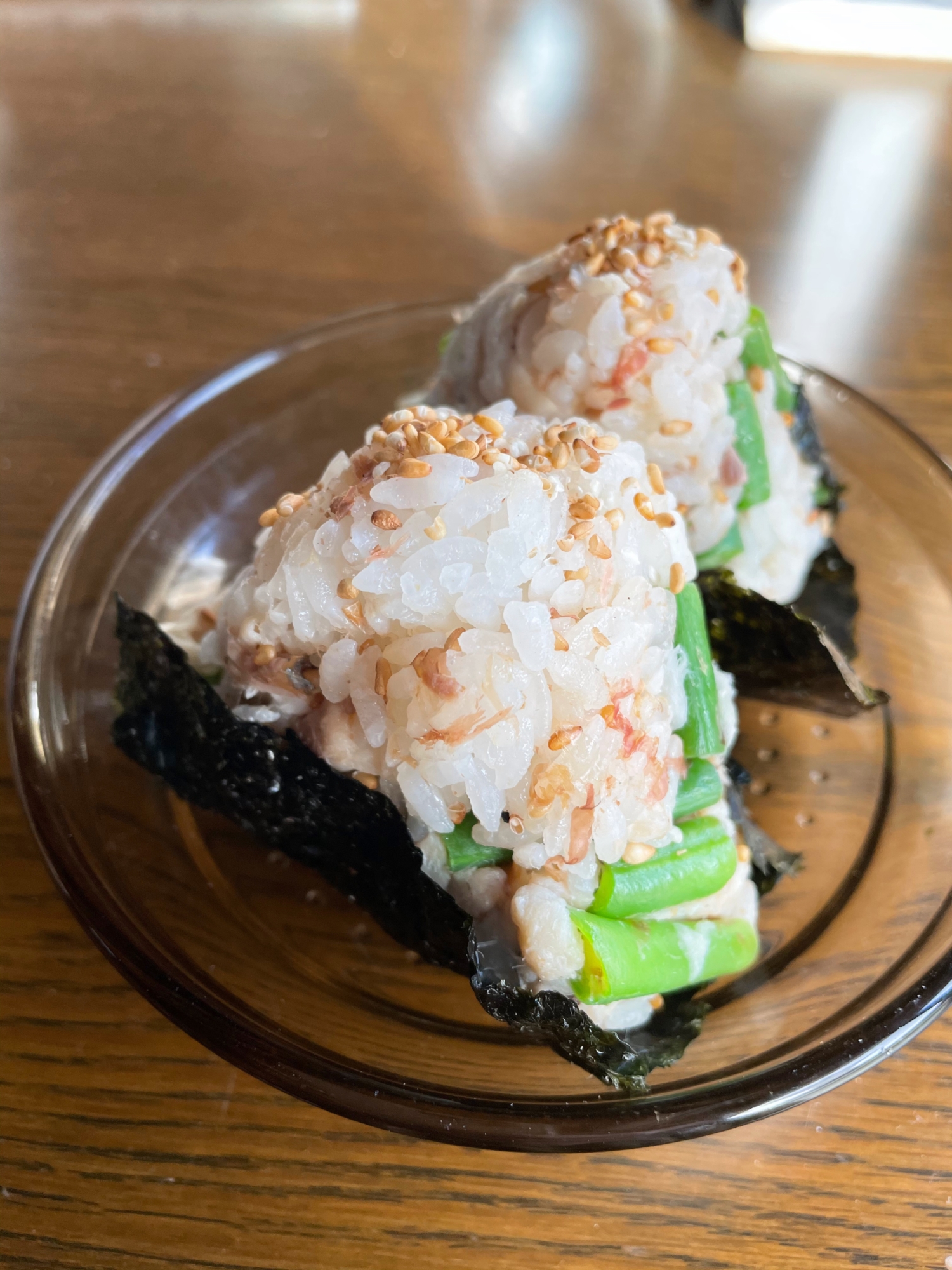 鯵とインゲンの醤油おかかおにぎり