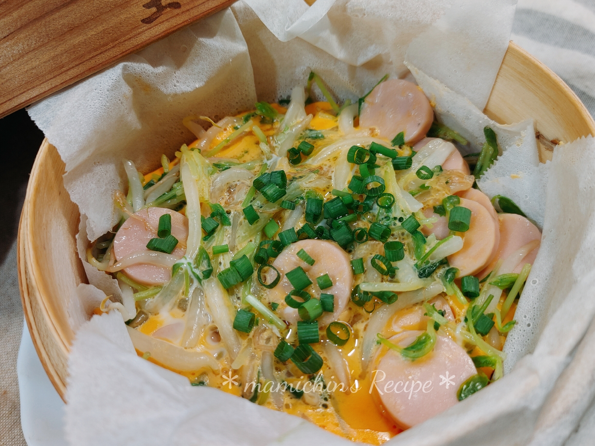 もやし✱豆苗✱魚ニソの卵とじ 蒸籠蒸し